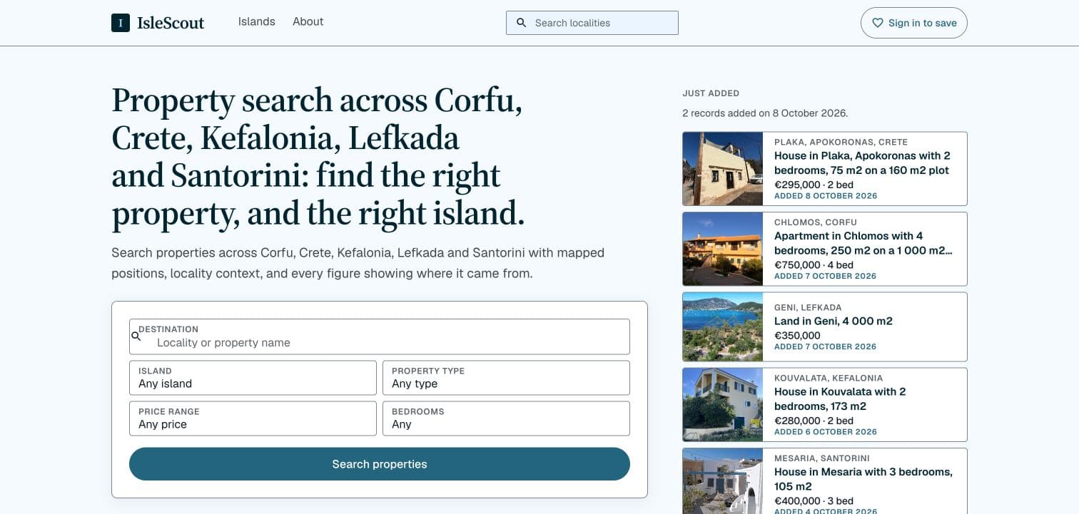 IsleScout searchable property directory across five Greek islands